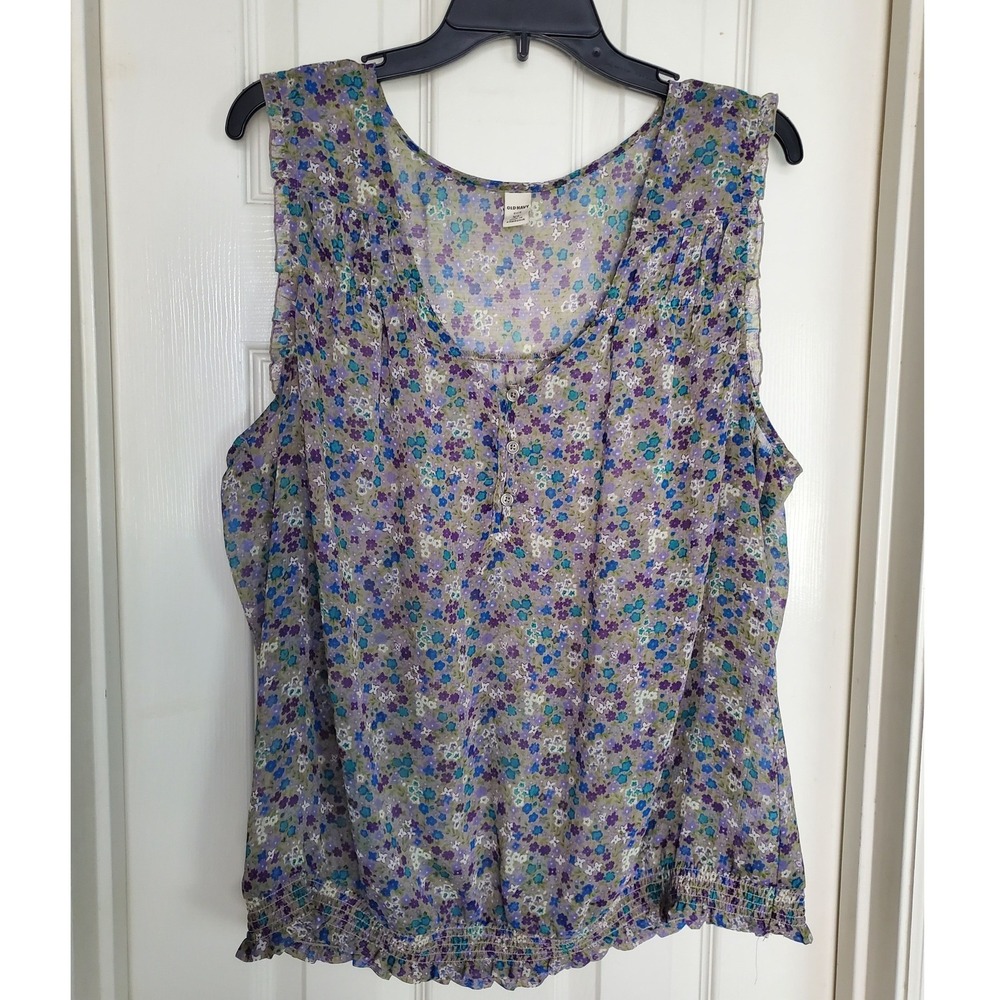 Old Navy Tank Top Purple Blue Floral Sheer Smocked Hem Summer Blouse XL